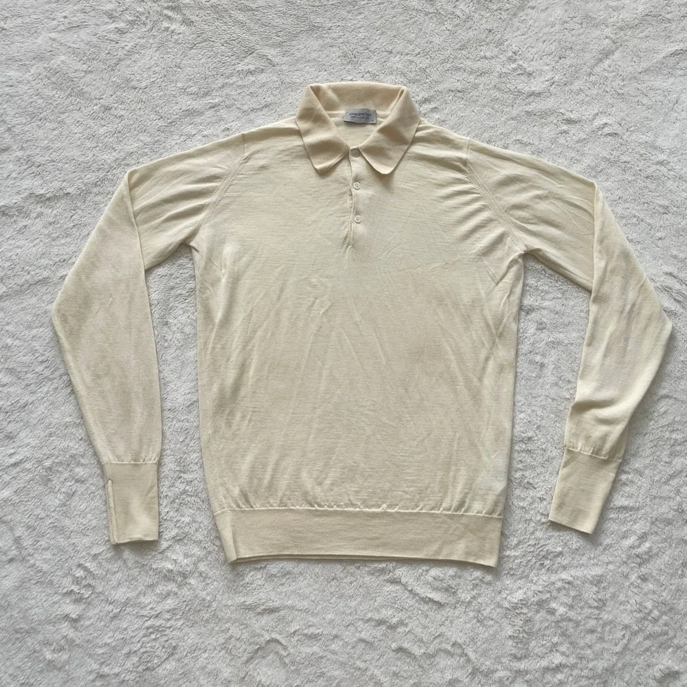 John Smedley Dorset Extra Fine Merino Wool Long Sleeve Polo Sweater Cream Size M